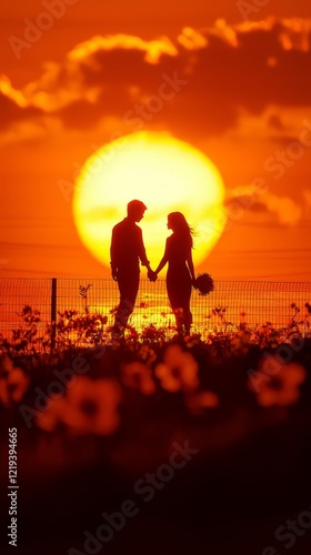 A romantic silhouette of a couple holding hands against a vibrant sunset, surrounded by flowers, evoking love and warmth.
