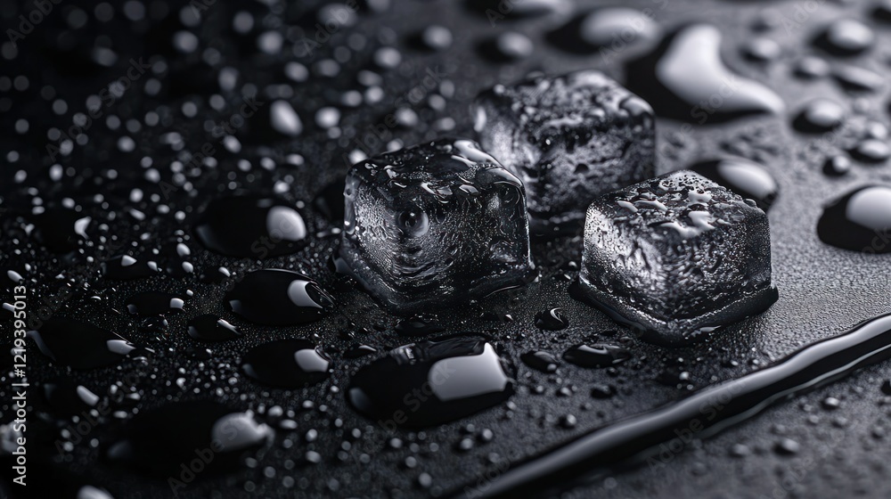 Melting ice cubes on dark surface, water droplets, background blur, drink cooler Melting ice cubes on dark surface, water droplets, background blur, drink cooler