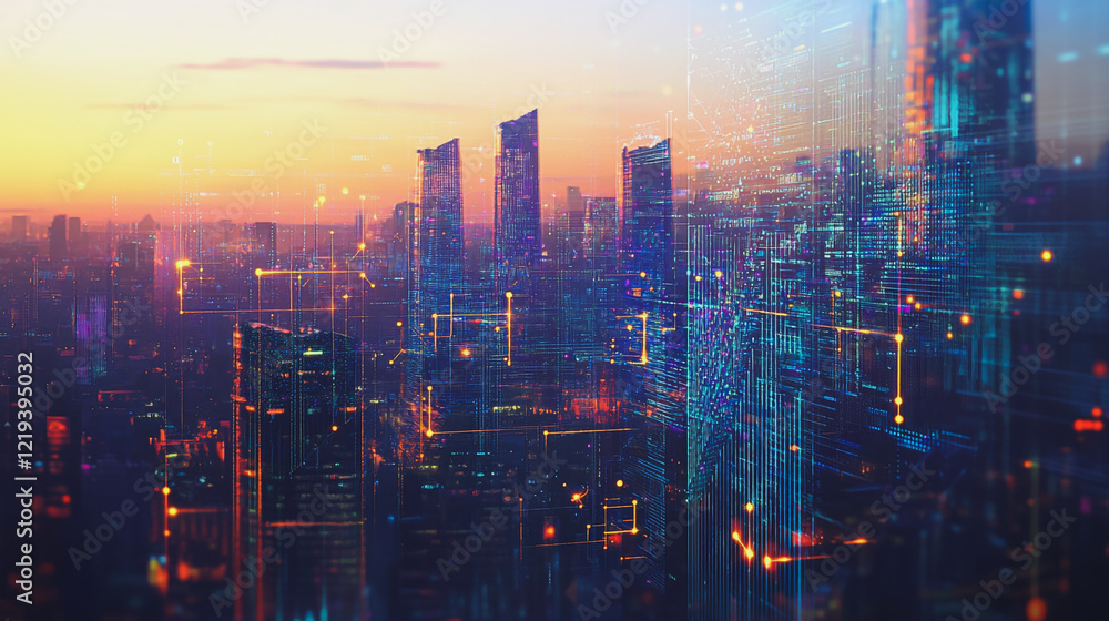 Smart digital Innovation city with connection network reciprocity over the twilight cityscape. of future smart wireless digital city and social media networking systems that connects people with city Smart digital Innovation city with connection network reciprocity over the twilight cityscape. of future smart wireless digital city and social media networking systems that connects people with city