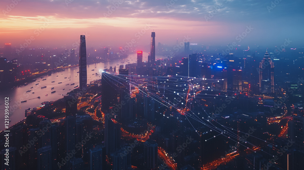 Fototapeta premium Smart digital Innovation city with connection network reciprocity over the twilight cityscape. of future smart wireless digital city and social media networking systems that connects people with city