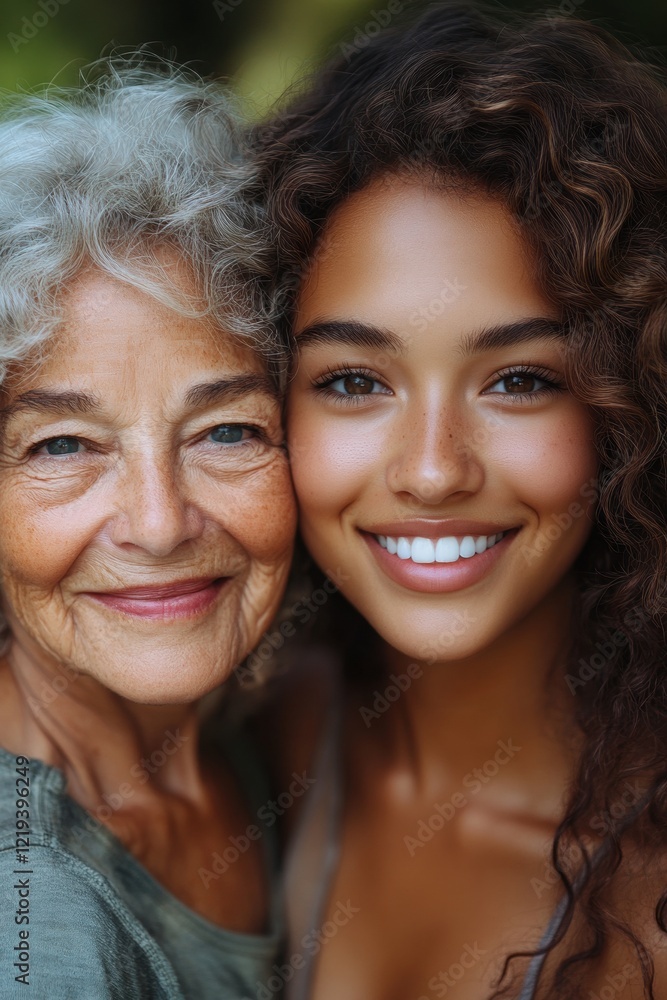 Portrait of a middle-aged granddaughter and her elderly grandmother posing together in a city park, symbolizing family bonds, generations, and shared moments outdoors. Portrait of a middle-aged granddaughter and her elderly grandmother posing together in a city park, symbolizing family bonds, generations, and shared moments outdoors.
