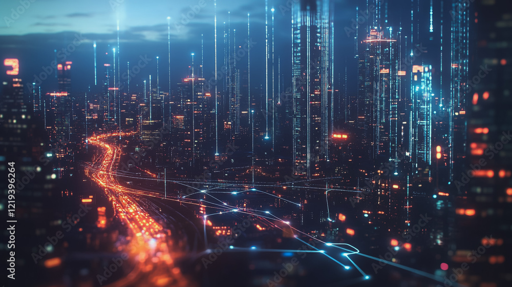 Obraz premium Smart digital Innovation city with connection network reciprocity over the twilight cityscape. of future smart wireless digital city and social media networking systems that connects people with city