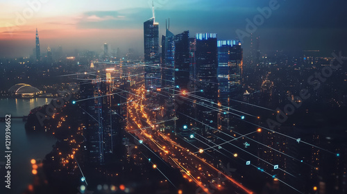 Wallpaper Mural Smart digital Innovation city with connection network reciprocity over the twilight cityscape. of future smart wireless digital city and social media networking systems that connects people with city Torontodigital.ca