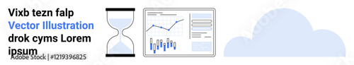 Hourglass, business analytics dashboard, and cloud icon. Ideal for time management, data analysis, corporate presentations, project planning, business strategy, statistics, and reports. Landing page