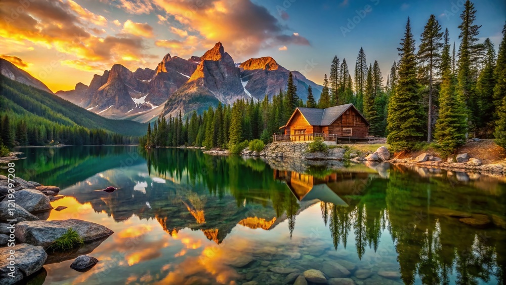 Fototapeta premium Serene Mountain Lake: Coniferous Trees, Rocks, and Calm Waters - Stunning Nature Photography