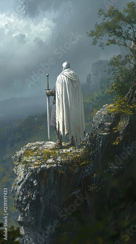 A lone knight in a flowing cloak stands on a rocky cliff, gazing into a misty valley, holding a sword, surrounded by a dramatic, cloudy sky.