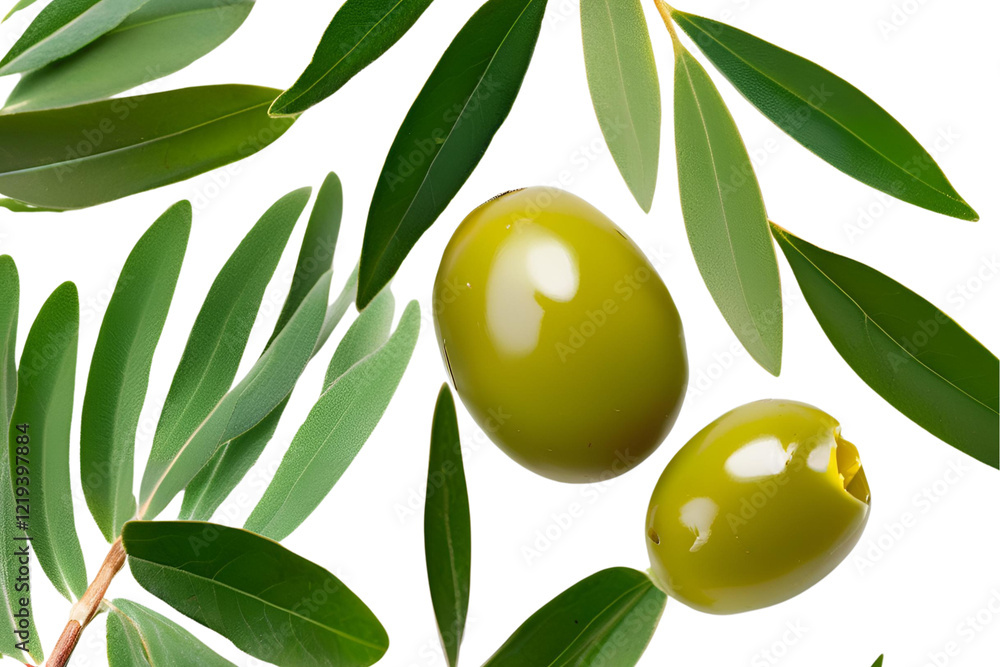 Fototapeta premium Green Olives with Fresh Leaves Isolated for Food Design 