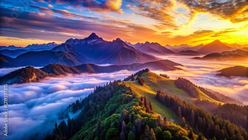Serene Mountain Range at Dawn: Tranquil Hues of Blue and Purple