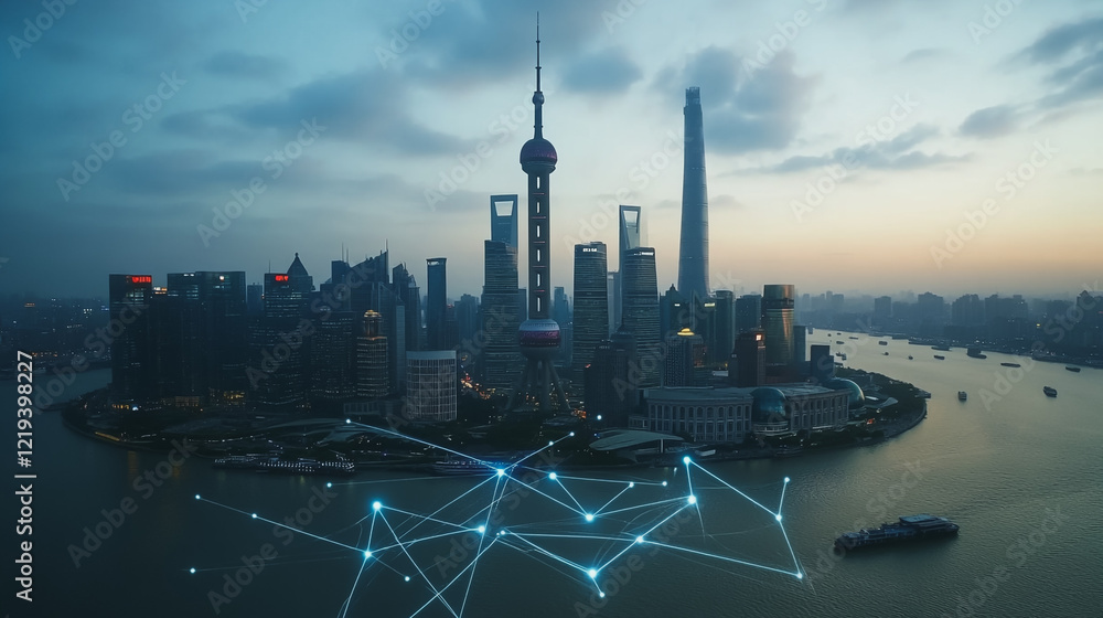 Fototapeta premium Smart digital Innovation city with connection network reciprocity over the twilight cityscape. of future smart wireless digital city and social media networking systems that connects people with city