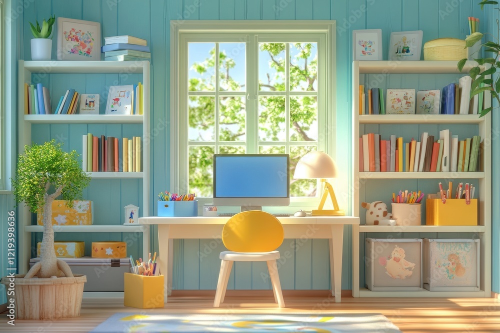 Fototapeta premium Interior of a children's room with a computer on the table, bookshelves with books and a window. 3d rendering. window,chair,modern