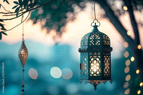 Islamic lantern hanging blur backgorund ramadan kareem eid background photo