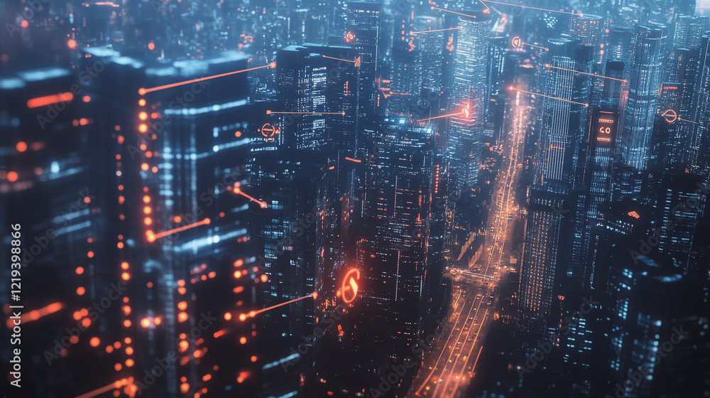 Fototapeta premium Smart digital Innovation city with connection network reciprocity over the twilight cityscape. of future smart wireless digital city and social media networking systems that connects people with city