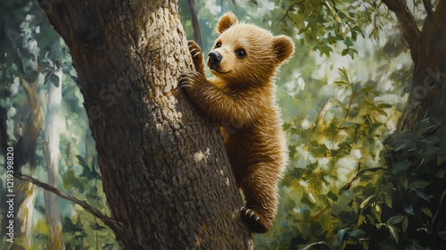 A cute brown bear cub climbs a tree in a lush forest setting, surrounded by vibrant greenery and dappled sunlight, embodying the playful spirit of wildlife and nature. photo