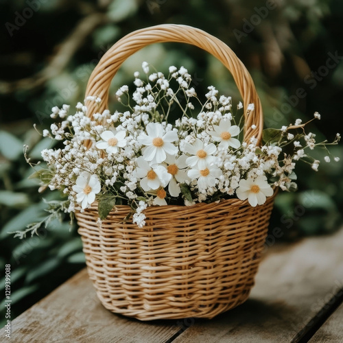 beautiful wicker basket filled with white daisies and delicate baby breath flowers, creating charming and serene floral arrangement. Perfect for home decor or gifting