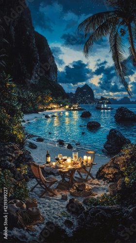 A serene beach setting at dusk, featuring a romantic dinner setup with candles, wine, and a picturesque backdrop of mountains and water.