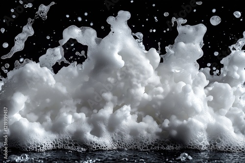 White soap foam texture against black backdrop. Abstract composition of foamy shapes, bubbles. Foam looks like waterfall or splash. Fun, lively image with possibilities for various interpretations. photo