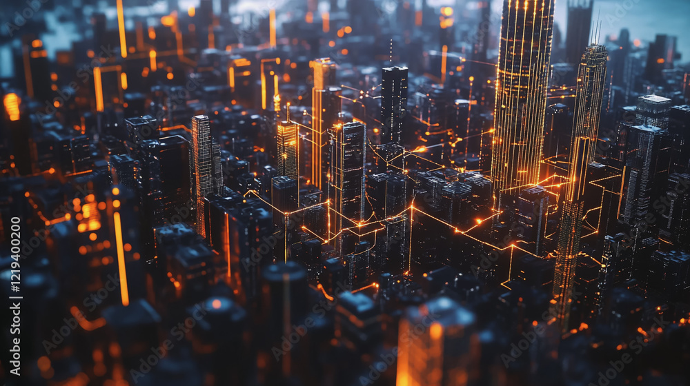 Fototapeta premium Smart digital Innovation city with connection network reciprocity over the twilight cityscape. of future smart wireless digital city and social media networking systems that connects people with city