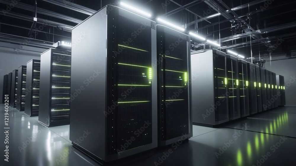 Modern server room with many racks of lit servers. Modern server room with many racks of lit servers.