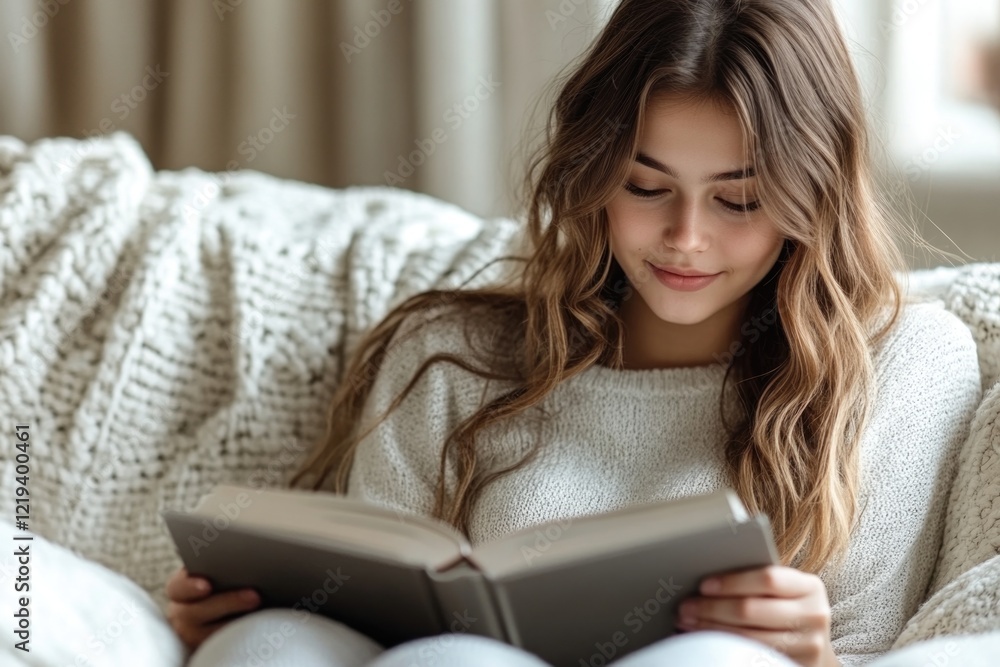 A person reading a book on a comfortable couch A person reading a book on a comfortable couch