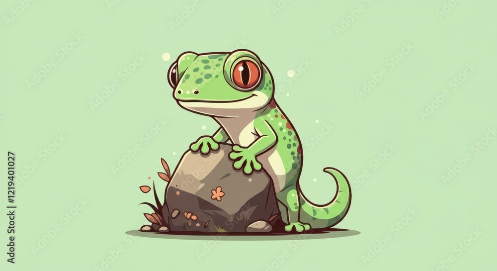 Obraz premium Cute cartoon green gecko standing upright on a simple light green background