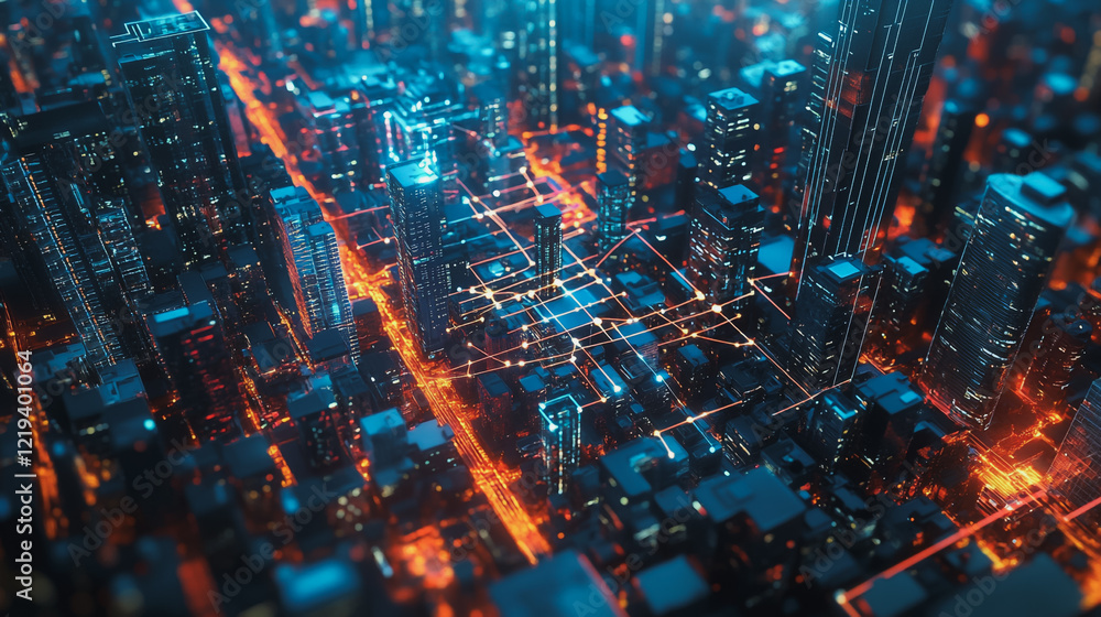 Fototapeta premium Smart digital Innovation city with connection network reciprocity over the twilight cityscape. of future smart wireless digital city and social media networking systems that connects people with city