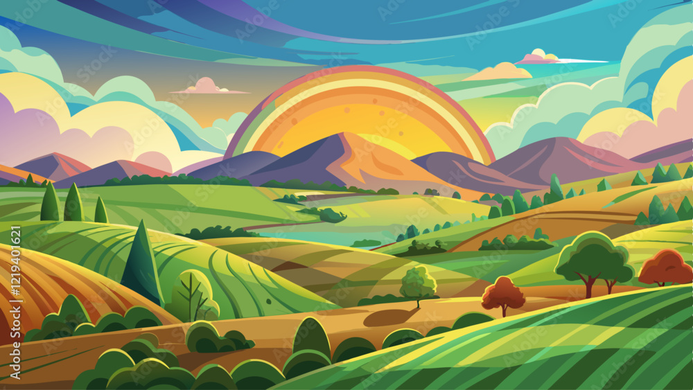 Obraz premium Rainbow Over Rolling Hills at Sunset, landscape, nature, photography, rainbow