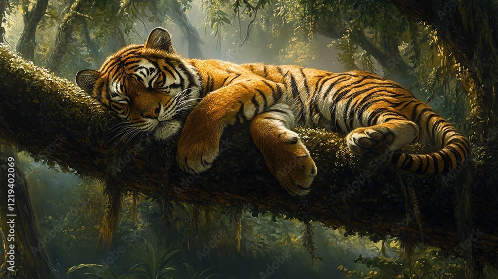 A majestic tiger rests peacefully on a tree branch in a lush jungle, surrounded by vibrant greenery A majestic tiger rests peacefully on a tree branch in a lush jungle, surrounded by vibrant greenery