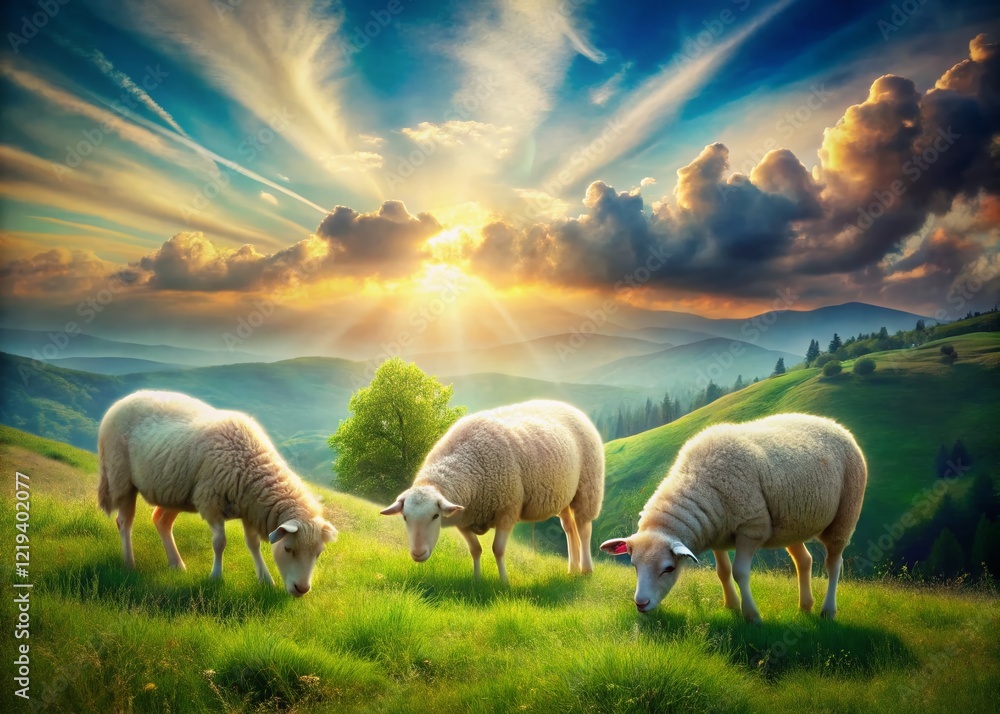Fototapeta premium Serene Sheep Pasture: Double Exposure Dreamy Landscape Photography