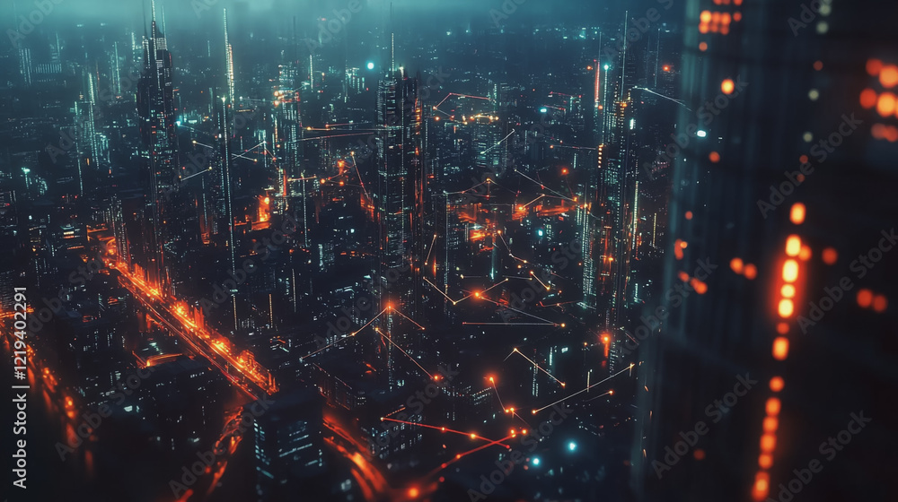 Fototapeta premium Smart digital Innovation city with connection network reciprocity over the twilight cityscape. of future smart wireless digital city and social media networking systems that connects people with city