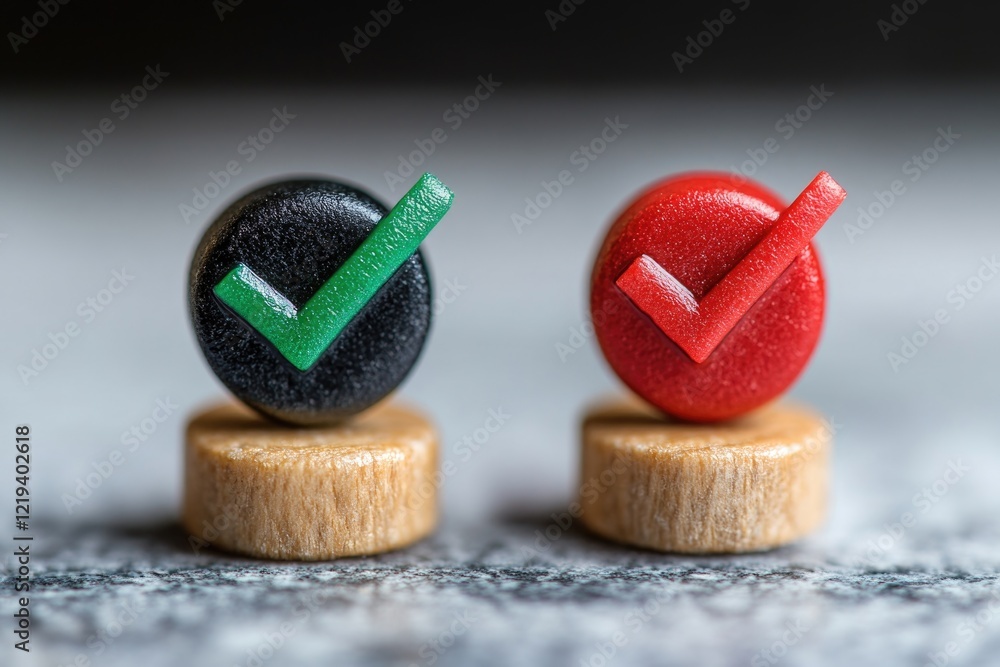 Close-up of two buttons with check marks, suitable for digital designs and illustrations Close-up of two buttons with check marks, suitable for digital designs and illustrations
