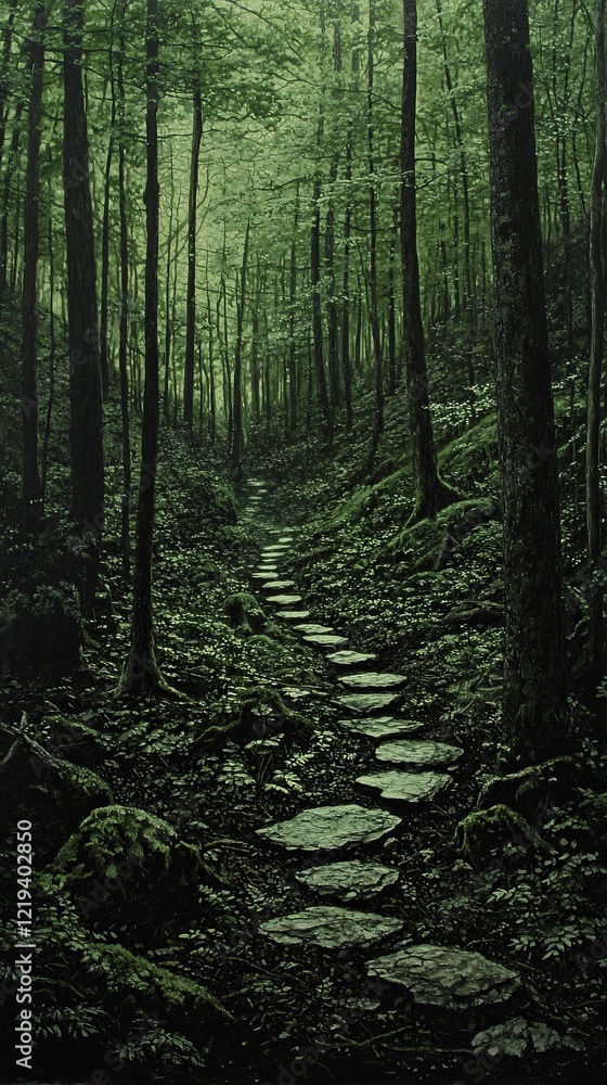 Fototapeta premium A serene forest pathway lined with stepping stones, surrounded by lush greenery and tall trees, creating a tranquil atmosphere.