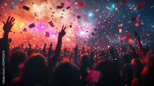 Glamorous New Year Eve ball drop with a vibrant crowd, colorful confetti, high energy 