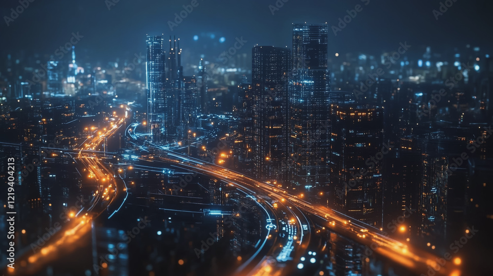 Smart digital Innovation city with connection network reciprocity over the twilight cityscape. of future smart wireless digital city and social media networking systems that connects people with city Smart digital Innovation city with connection network reciprocity over the twilight cityscape. of future smart wireless digital city and social media networking systems that connects people with city