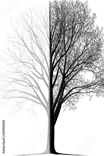 A black and white image of a tree without leaves