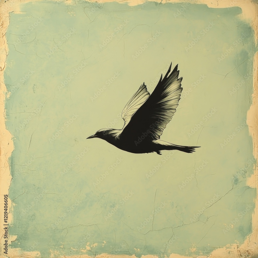 Naklejka premium Black bird in flight, textured pale green background.