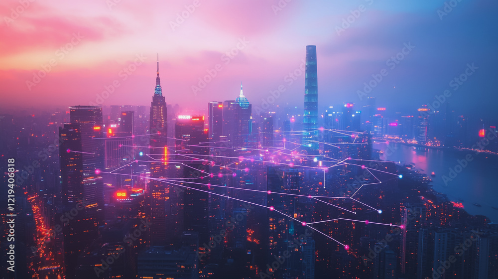 Fototapeta premium Smart digital Innovation city with connection network reciprocity over the twilight cityscape. of future smart wireless digital city and social media networking systems that connects people with city