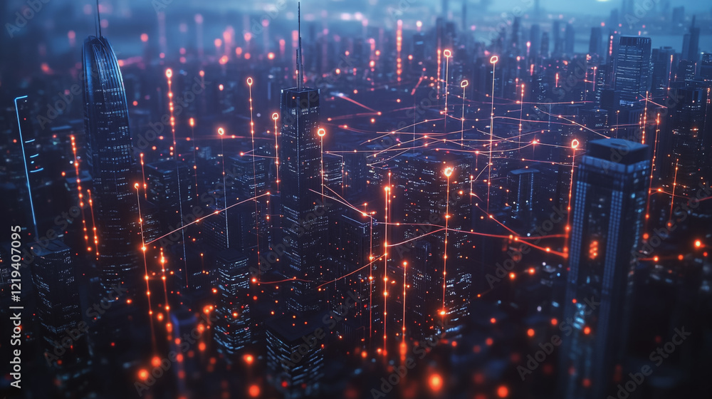 Smart digital Innovation city with connection network reciprocity over the twilight cityscape. of future smart wireless digital city and social media networking systems that connects people with city Smart digital Innovation city with connection network reciprocity over the twilight cityscape. of future smart wireless digital city and social media networking systems that connects people with city