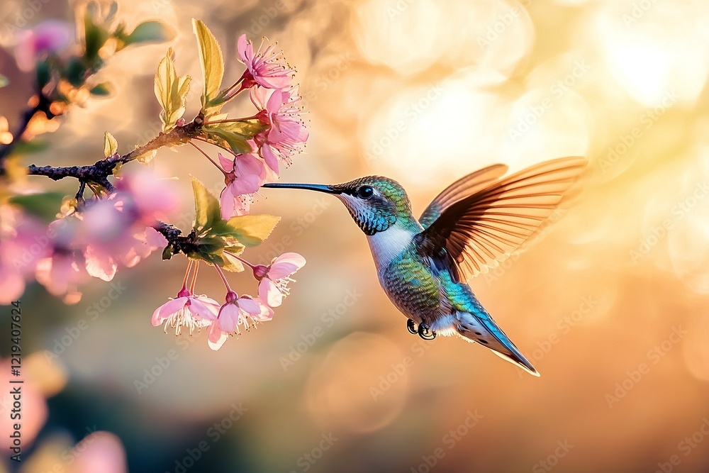 Naklejka premium A vibrant hummingbird in mid-flight, sipping nectar from a colorful flower, with detailed wings and a soft, blurred background.