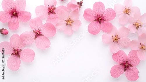 Sakura Blossoms: Top View of Love and Spring Pattern on White Background with DOF - Flat Lay