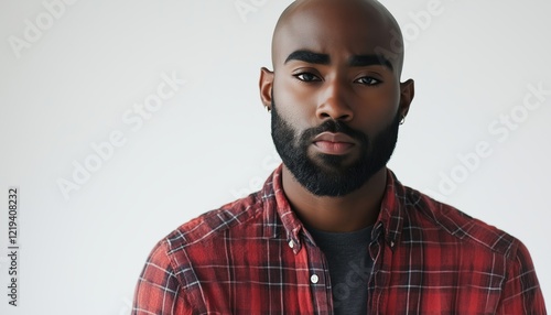 Confident Bald Man With Bold Eyebrows And Beard, Wearing Checked Shirt, Strikes A Posing With Gloomy Expression Against White Background. People, Fashion, Life. photo