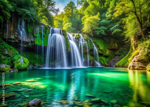 Serene Waterfall Cascading into Vibrant Emerald Pool - Macro Photography Stock Image