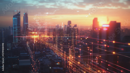 Wallpaper Mural Smart digital Innovation city with connection network reciprocity over the twilight cityscape. of future smart wireless digital city and social media networking systems that connects people with city Torontodigital.ca