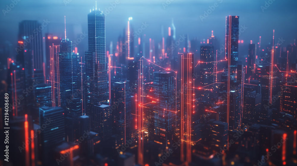 Fototapeta premium Smart digital Innovation city with connection network reciprocity over the twilight cityscape. of future smart wireless digital city and social media networking systems that connects people with city