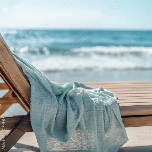 Cozy Beach Lounge Chair with Soft Blanket on Serene Ocean View