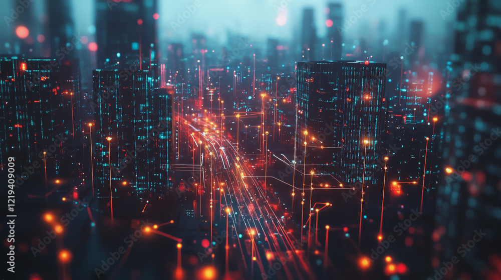 Smart digital Innovation city with connection network reciprocity over the twilight cityscape. of future smart wireless digital city and social media networking systems that connects people with city Smart digital Innovation city with connection network reciprocity over the twilight cityscape. of future smart wireless digital city and social media networking systems that connects people with city