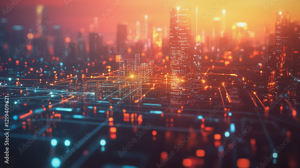 Fototapeta premium Smart digital Innovation city with connection network reciprocity over the twilight cityscape. of future smart wireless digital city and social media networking systems that connects people with city