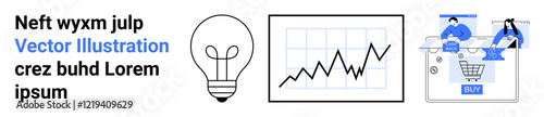 Light bulb representing ideas, a graph indicating progress, and two people interacting with e-commerce elements. Ideal for business strategy, innovation, technology, market analysis, e-commerce