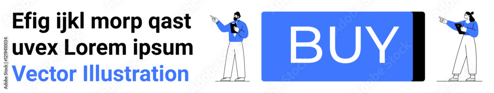 Large blue BUY button, business figures pointing, placeholder text, minimalistic design, blue and black color scheme. Ideal for e-commerce, online stores, digital marketing, advertising, user Large blue BUY button, business figures pointing, placeholder text, minimalistic design, blue and black color scheme. Ideal for e-commerce, online stores, digital marketing, advertising, user