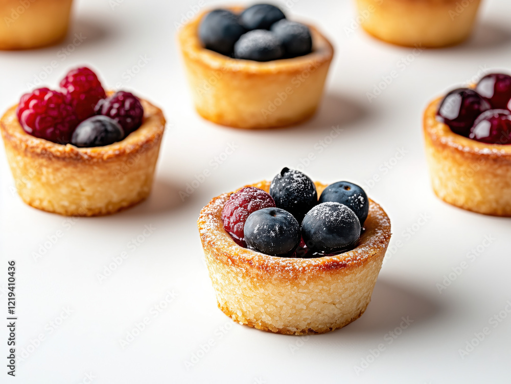 Mini Fruit Tarts with Fresh Berries on White Background - Delicious Dessert Photography Mini Fruit Tarts with Fresh Berries on White Background - Delicious Dessert Photography