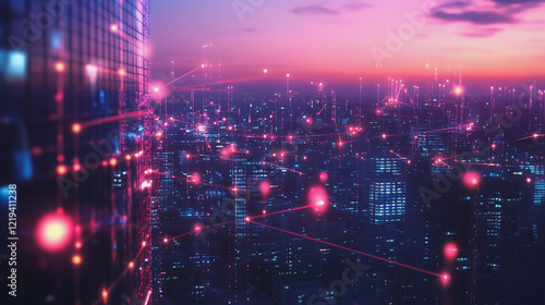 Smart digital Innovation city with connection network reciprocity over the twilight cityscape. of future smart wireless digital city and social media networking systems that connects people with city